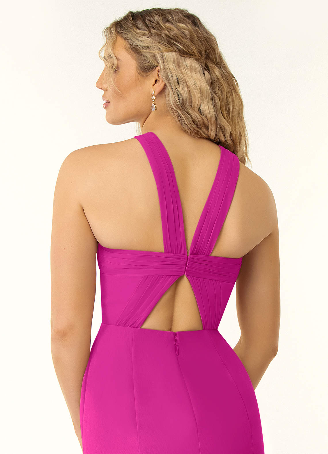 azazie rue bridesmaid dress Ready to Ship Fuchsia Chiffon Dresses Featuring a twisted halter