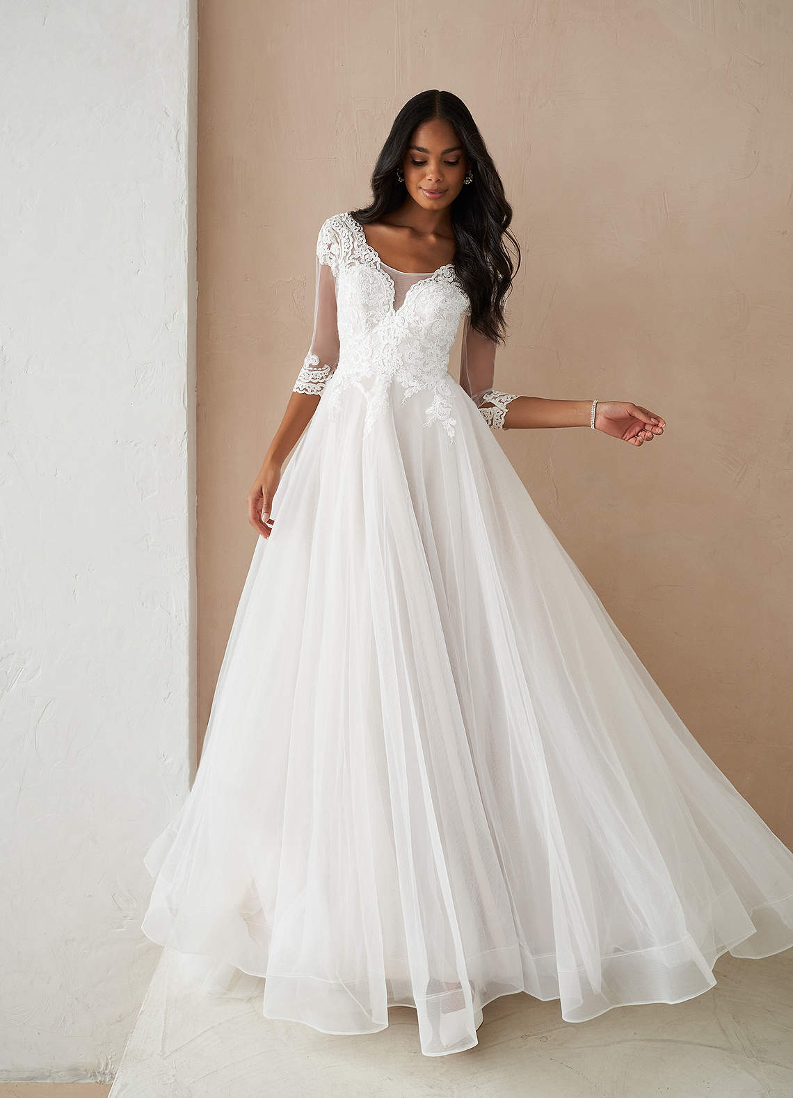 Azazie Sandoval Wedding Dresses Diamond White A-Line Lace Tulle Dress image1
