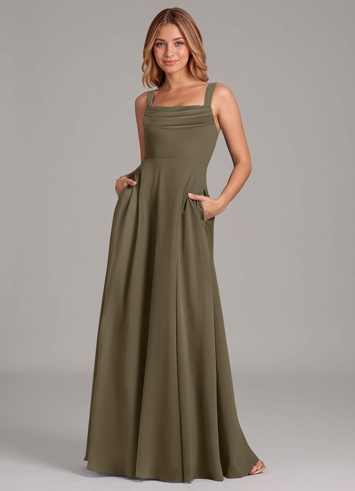 Azazie Shaude Bridesmaid Dresses Willow Green A-Line Pleated Chiffon Dress image1
