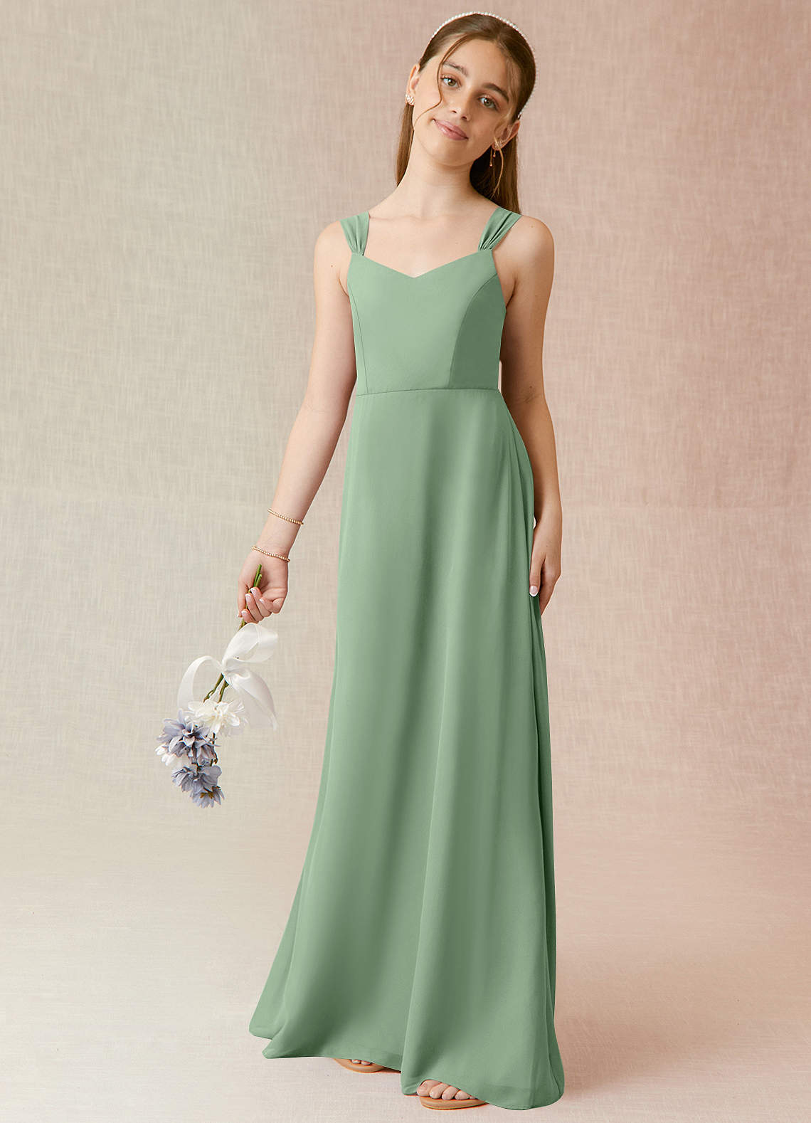 Azazie Denice Junior Matcha A-Line Chiffon Dress image1
