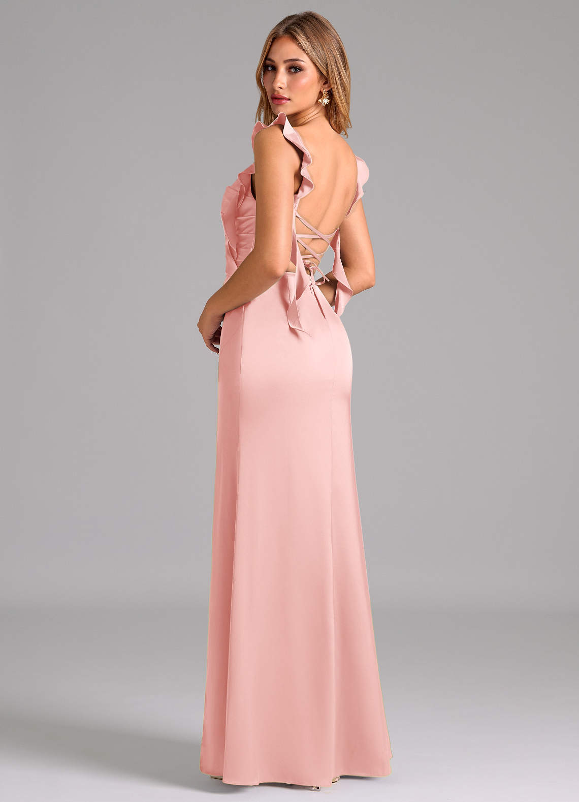 Azazie Jessamine Bridesmaid Dresses Powder Pink Sheath Corset Stretch Satin Dress image1