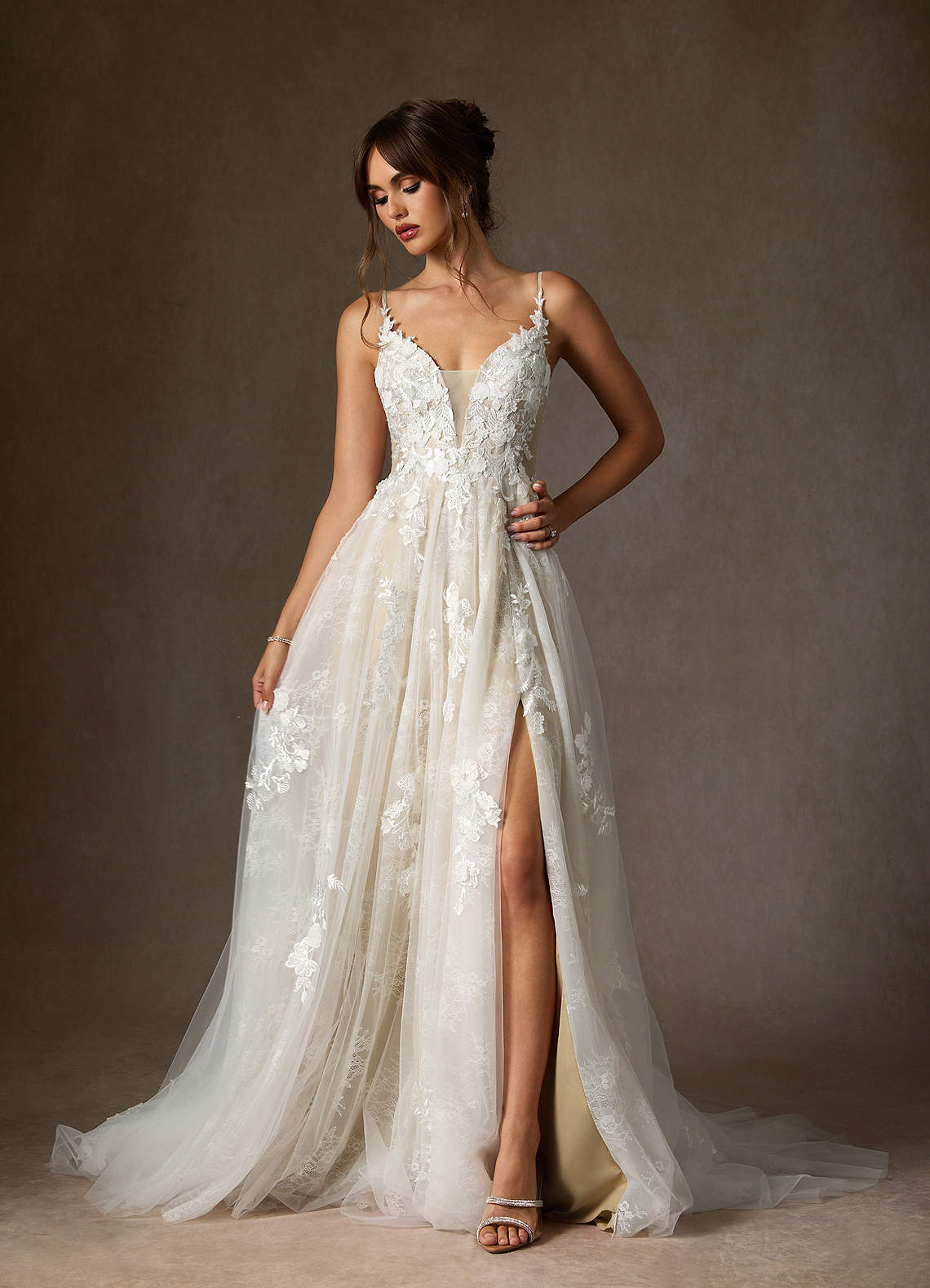 Azazie Monda Abiti da Sposa Abito A-Line in Tulle Pizzo Bianco Diamante Champagne image1