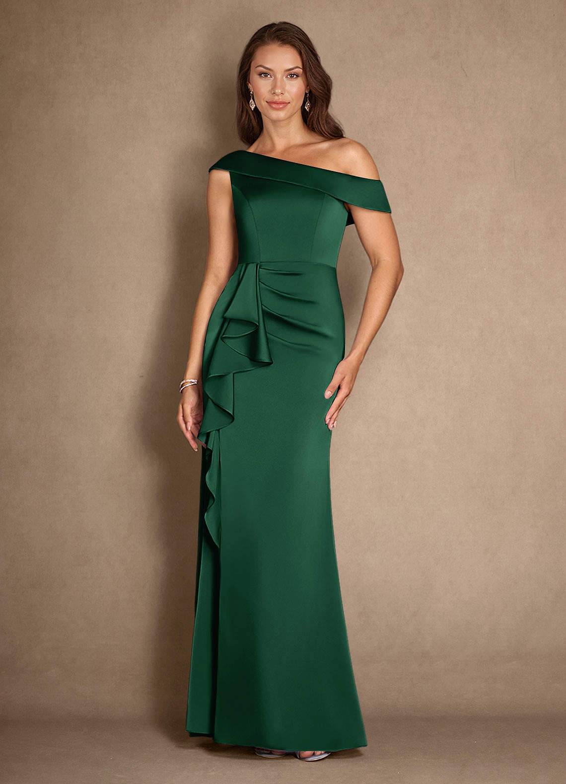 Azazie Hamptons Mother of the Bride Dresses Dark Green A-Line Pleated Stretch Satin Dress image1
