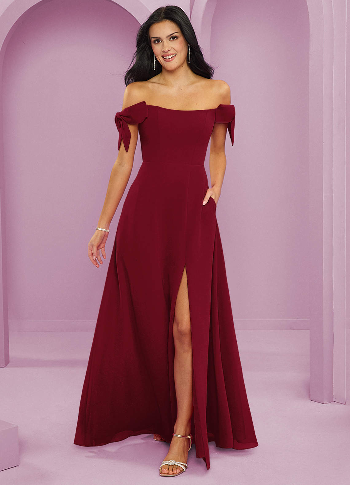 Barbie ♥ Azazie Bridesmaid Dresses Burgundy A-Line Off the Shoulder Chiffon Convertible Dress image1