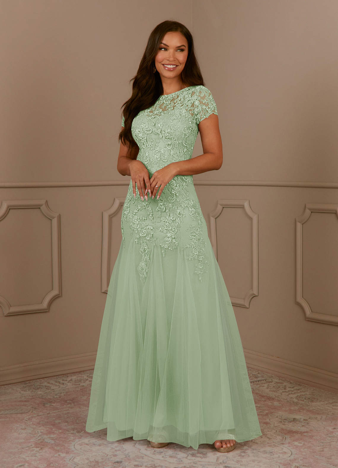 Azazie Laurie Dusty Sage Mermaid Scoop Sequins Tulle Dress Ready