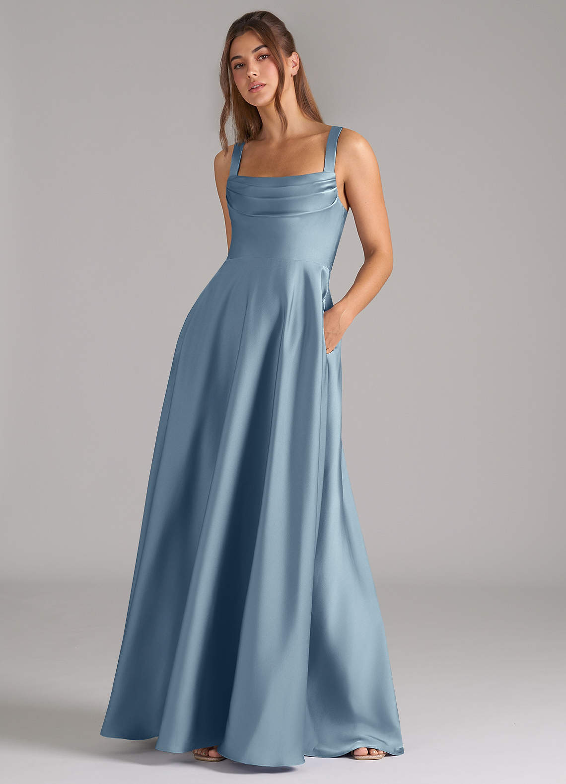 Azazie Shaude Bridesmaid Dresses Dusty Blue A-Line Pleated Stretch Satin Dress image3