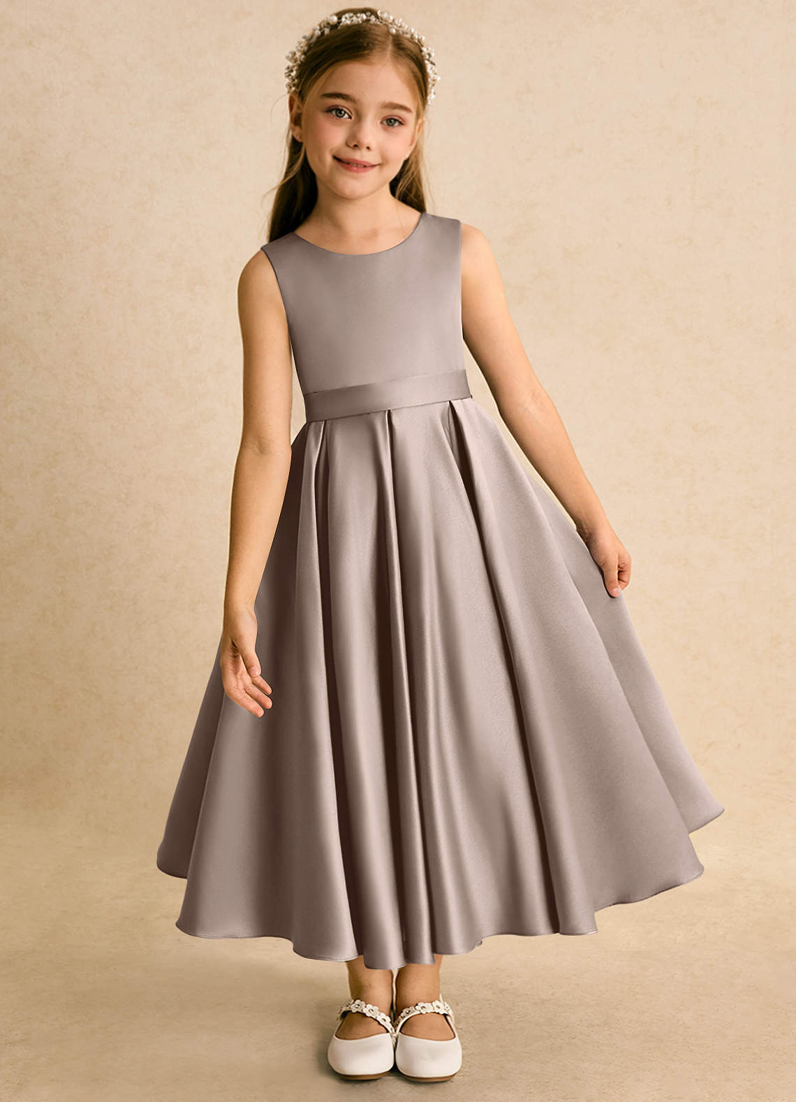 Azazie Junebuj vestidos de niña de las flores Vestido de Gris Pardo de Satin Mate de Princesa con Plisado image5