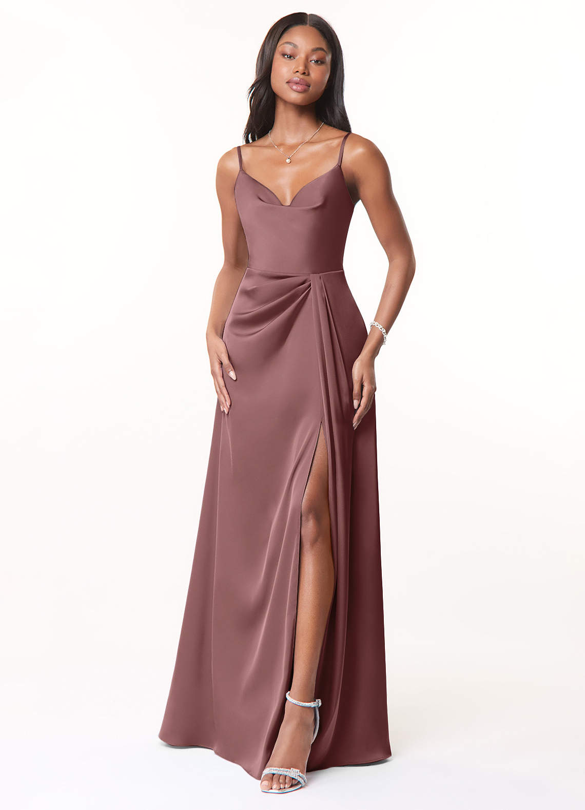 Azazie Brielle Bridesmaid Dresses Vintage Mauve A-Line Cowl Spaghetti Straps Stretch Satin Dress image1