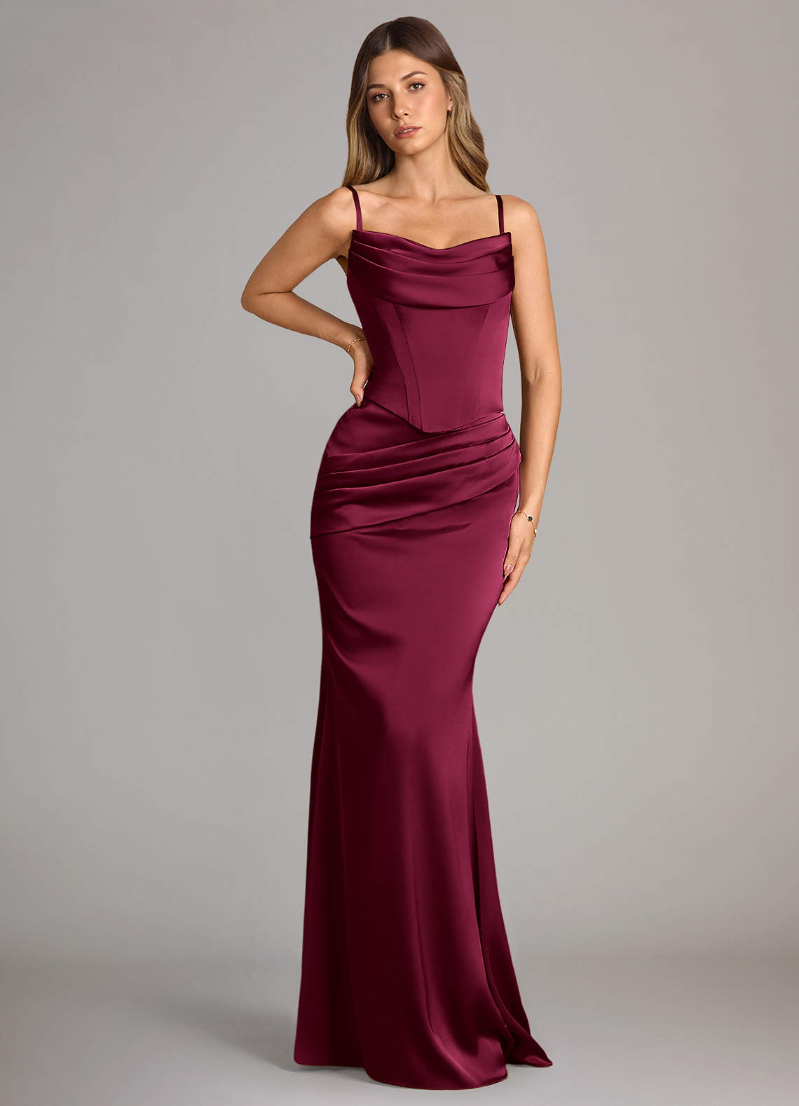 Azazie Sorrel Bridesmaid Dresses Burgundy Mermaid Strapless Stretch Satin Convertible Dress image5