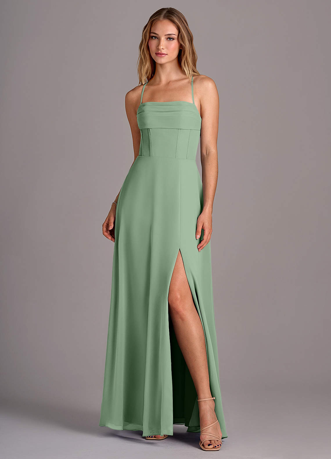 Azazie Carolyn Bridesmaid Dresses Matcha A-Line Pleated Chiffon Dress image1