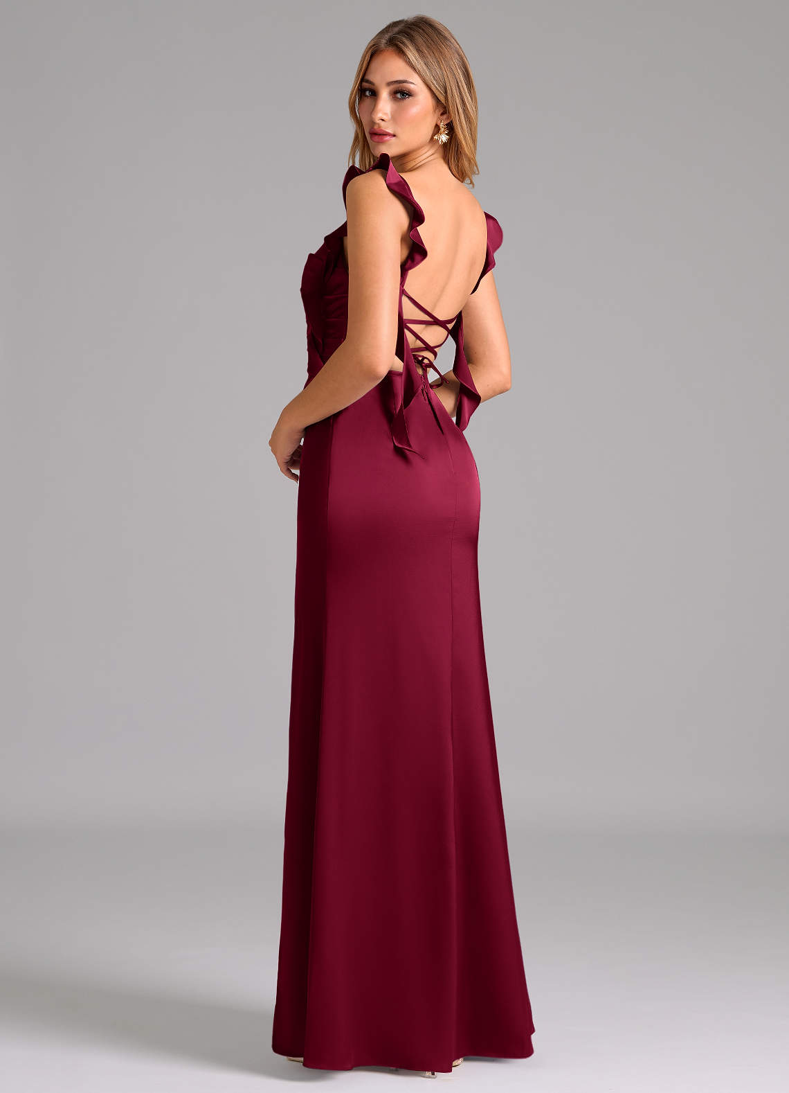 Azazie Jessamine Brautjungfernkleider Etui Korsett Stretch-Satin Kleid Burgunderrot image1