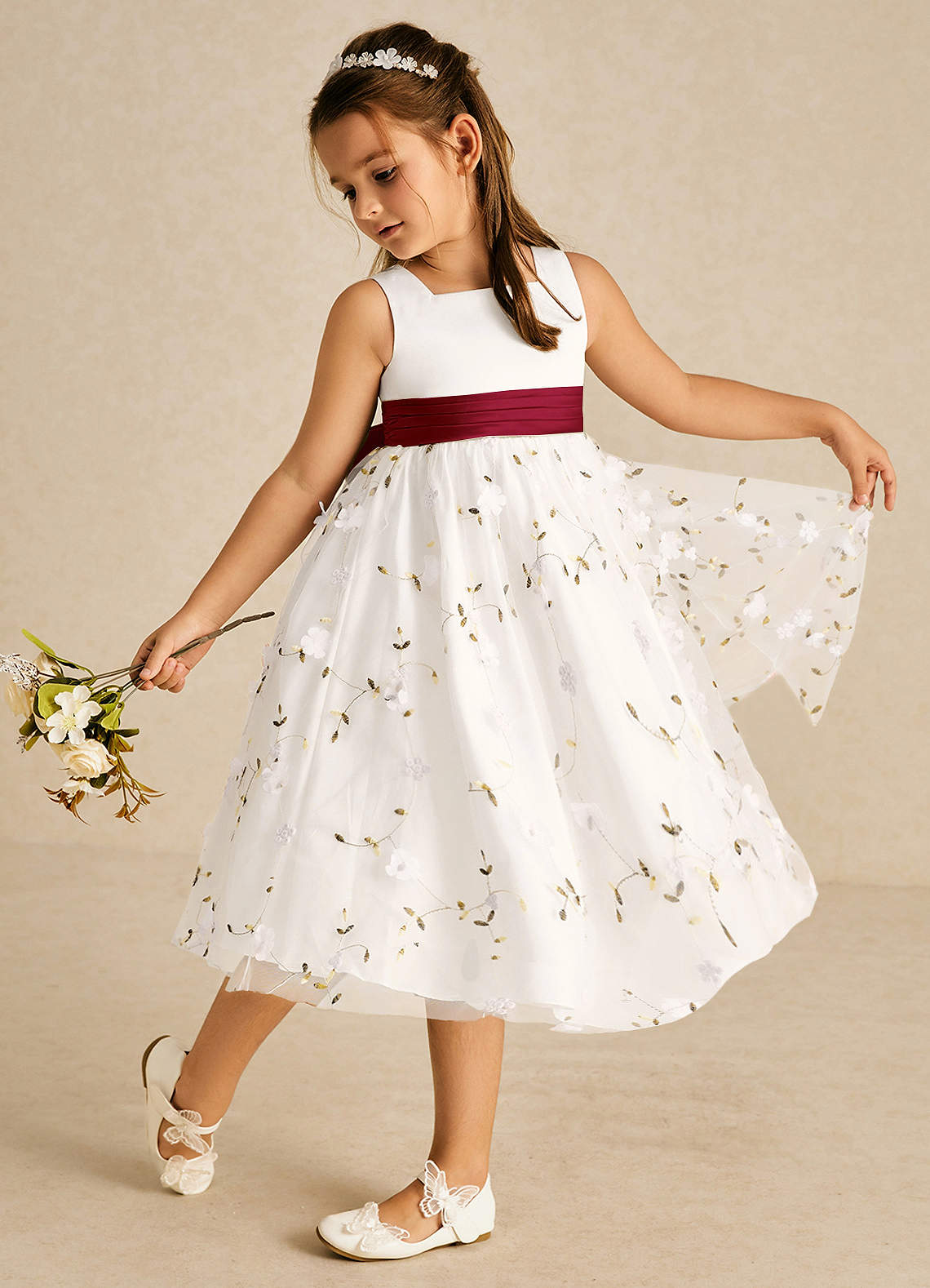 Azazie Pollie Flower Girl Dresses Ivory Burgundy A-Line Bow Tulle Dress image1