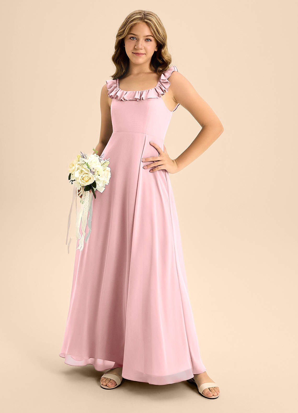 Azazie Callie Junior Vestido de Rosa Polvorienta de Gasa de Corte En A con Volante image5