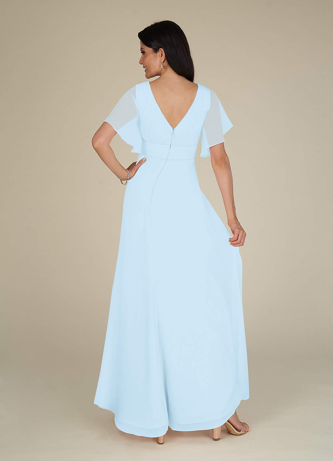 A-line Short Sleeves Lace Top Pleated Chiffon Dress Sky Blue