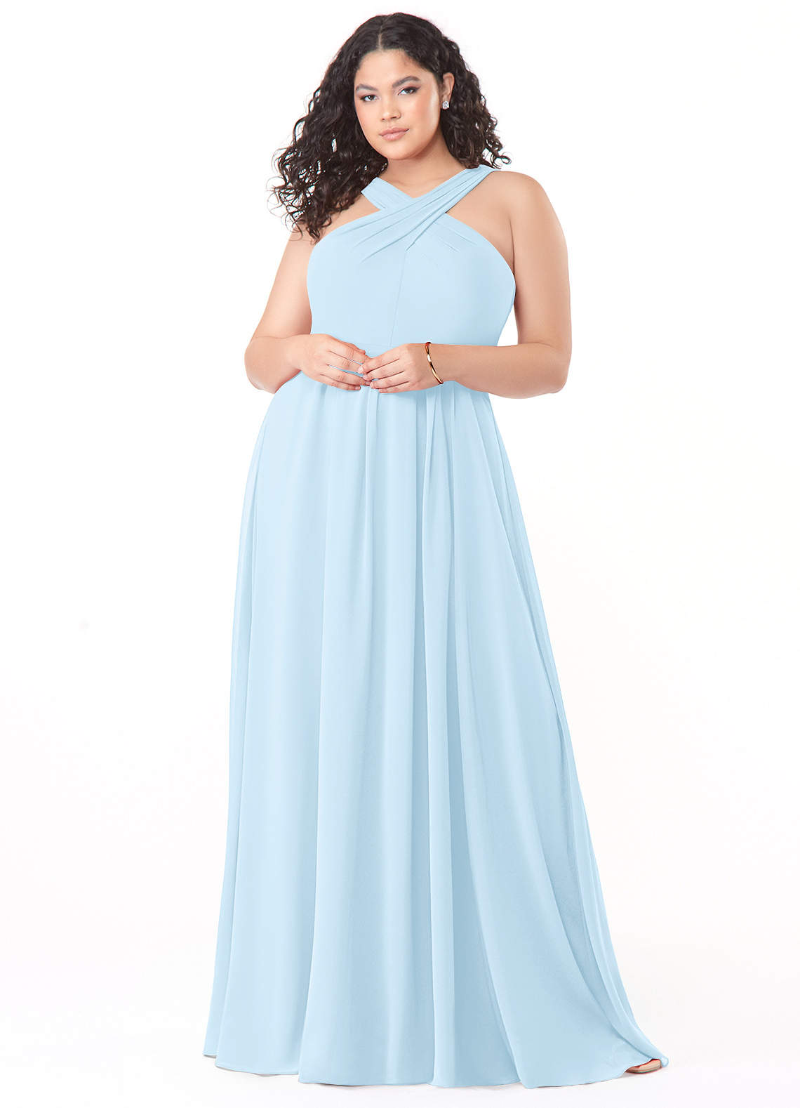 Azazie Dixie Bridesmaid Dresses Sky Blue A-Line Halter Pleated Chiffon Dress image1