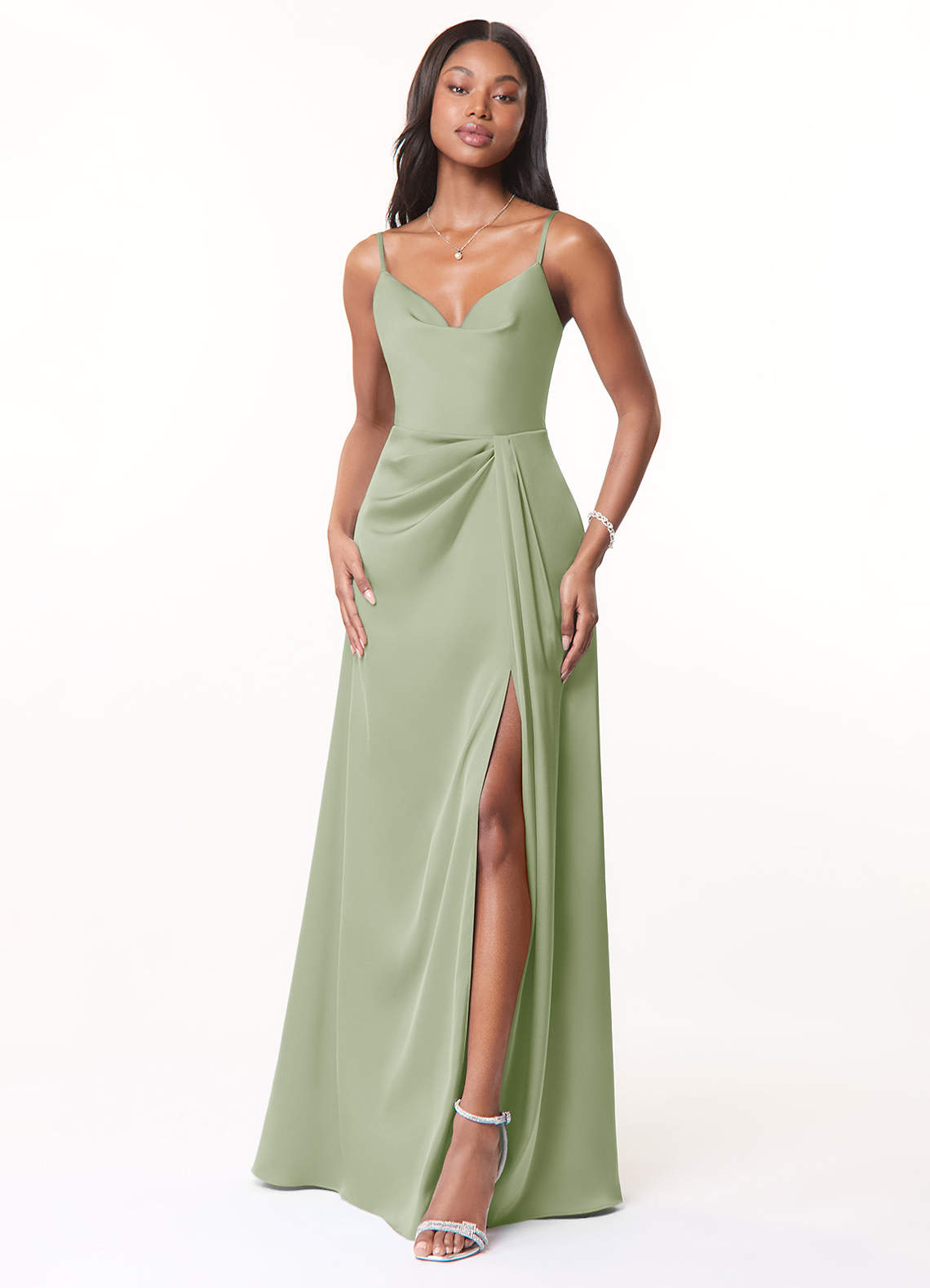 Azazie Brielle Robes de demoiselle d'honneur Robe Trapèze en Satin extensible Bretelles spaghetti Vert Sauge image1