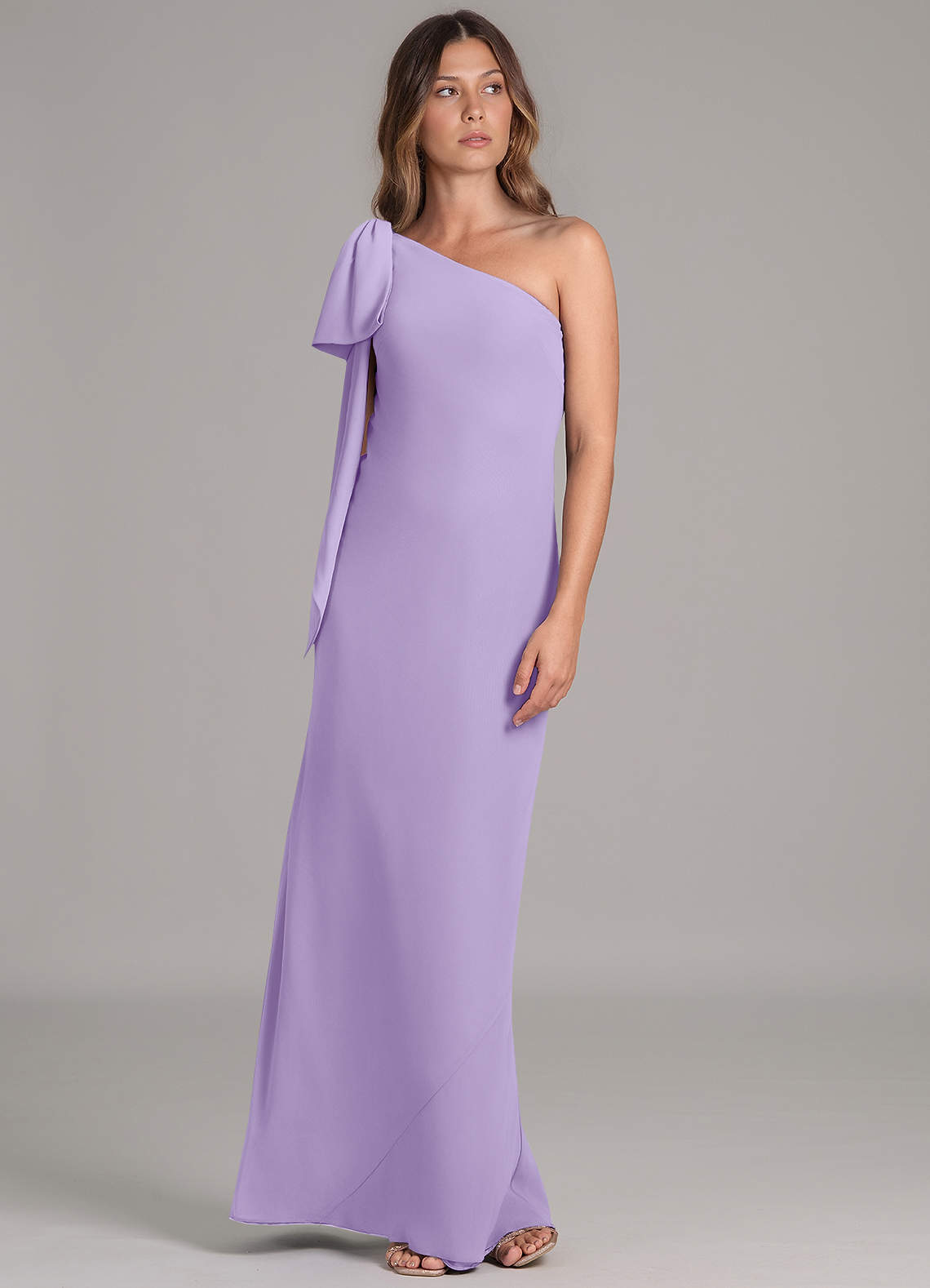 grayish purple bridesmaid dresses Azazie A-Line One-Shoulder Floor-Length Chiffon Bridesmaid Dresses