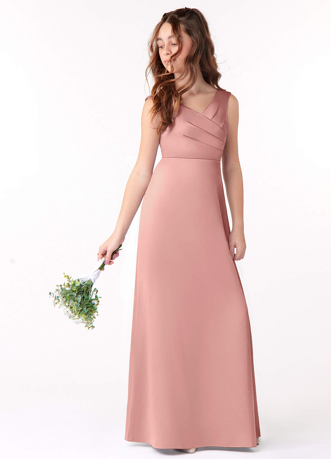 Azazie Sadia Junior Rosette A-Line Pleated Stretch Satin Dress image1