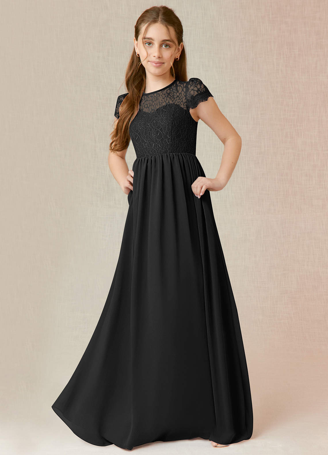 Azazie Delevingne Junior Black A-Line Lace Chiffon Dress image1