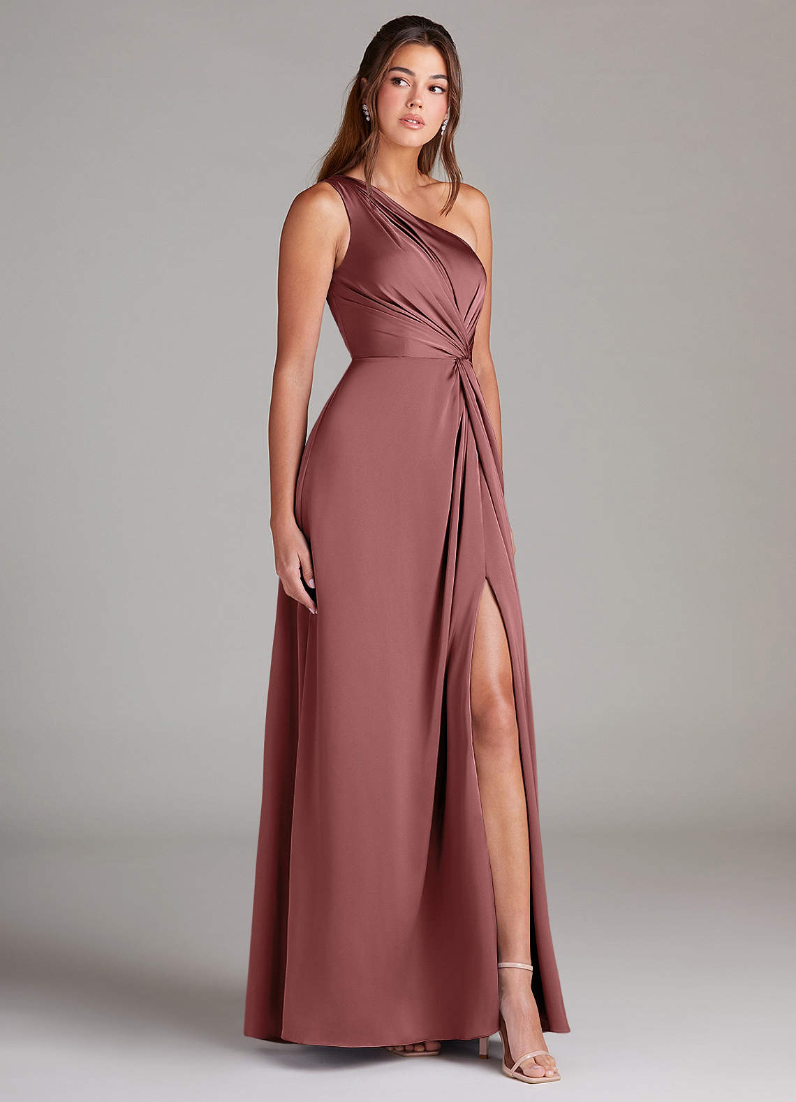 Azazie Brooke Bridesmaid Dresses Amethyst A-Line One Shoulder Stretch Satin Dress image3