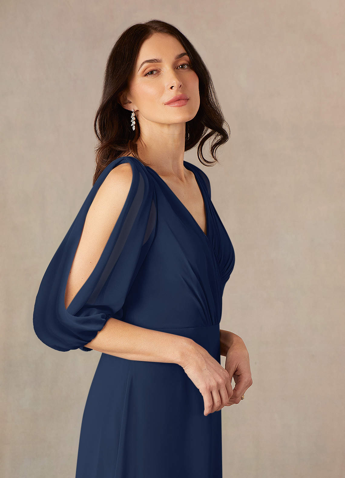 【BAU by Bride And You】Wide V-neck wool silk dress (D.navy) Azazie Bronwyn Dark Navy A-Line V-Neck Ruched Chiffon Dress