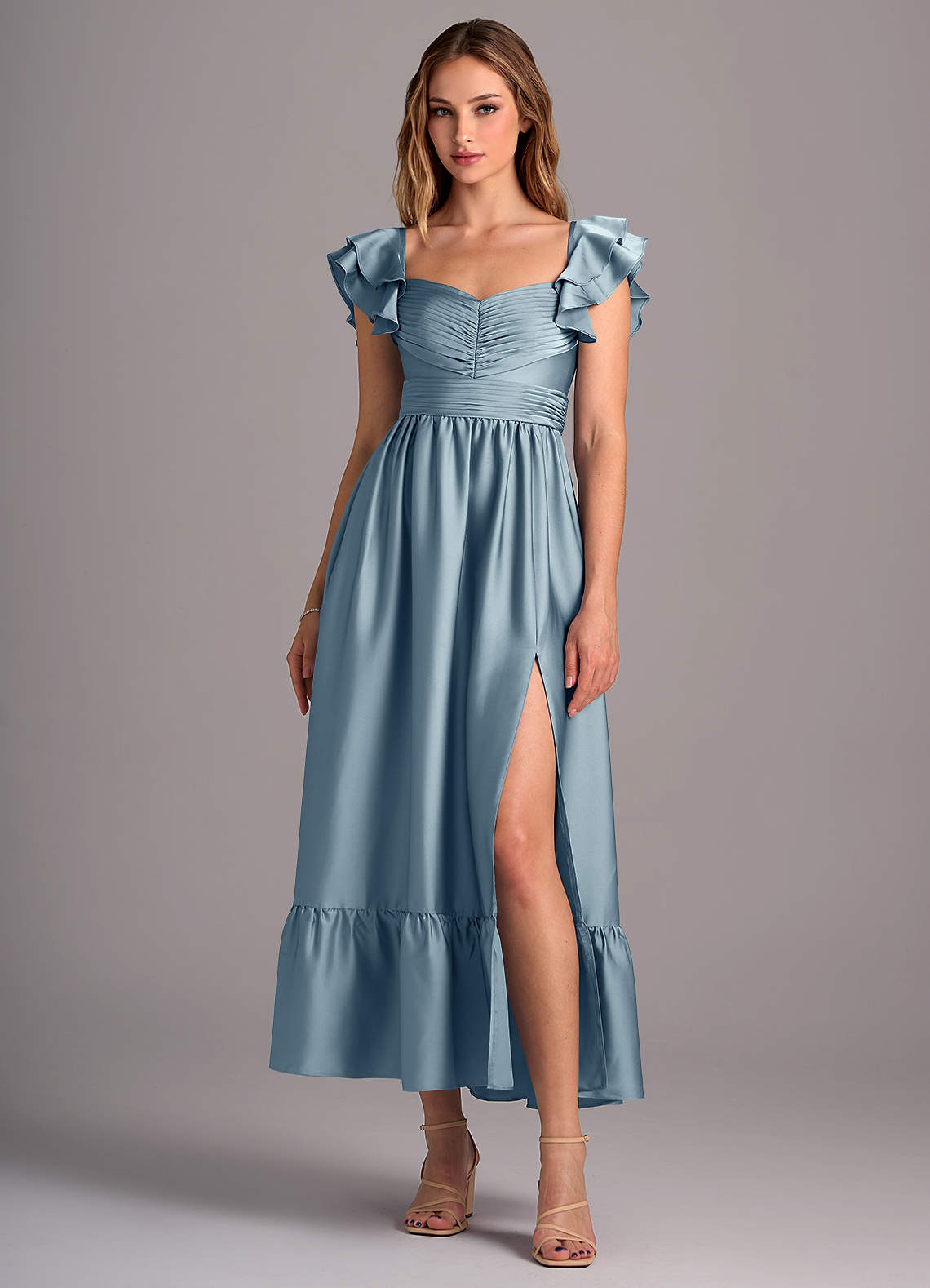 Azazie Anaya Bridesmaid Dresses Dusty Blue A-Line Sweetheart Neckline Stretch Satin Convertible Dress image1