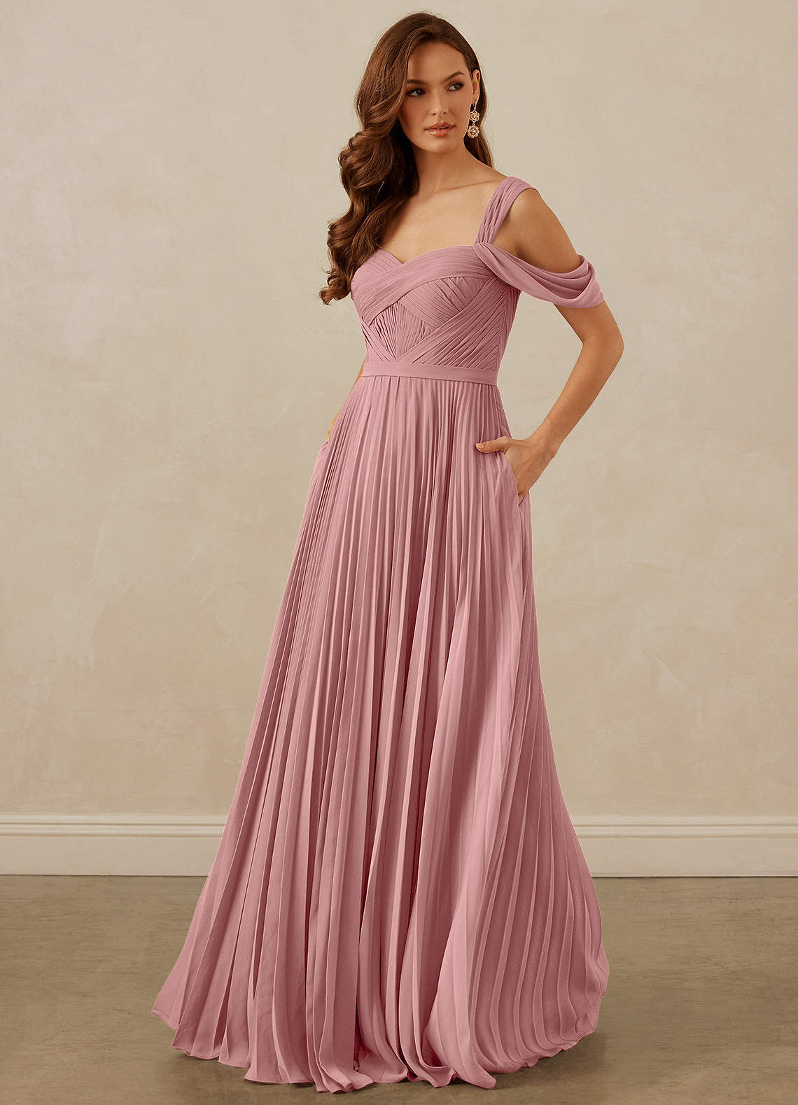 Christian Siriano Bridal for Azazie 1013 Bridesmaid Dresses Dusty Rose A-Line Off the Shoulder Chiffon Dress image1