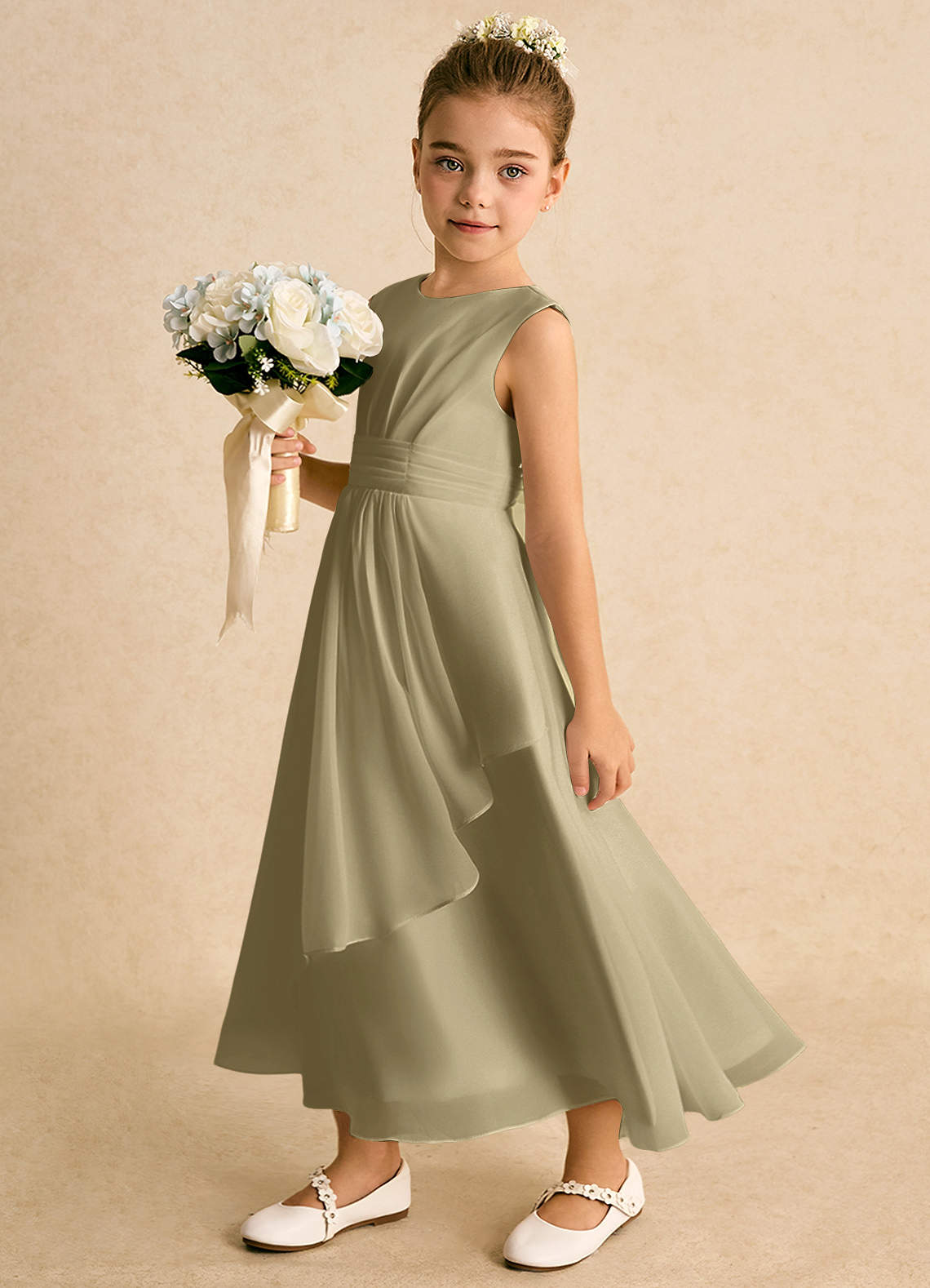 Azazie Edelweiss vestidos de niña de las flores Vestido de Musgo Verde de Gasa de Corte En A con Plisado image1