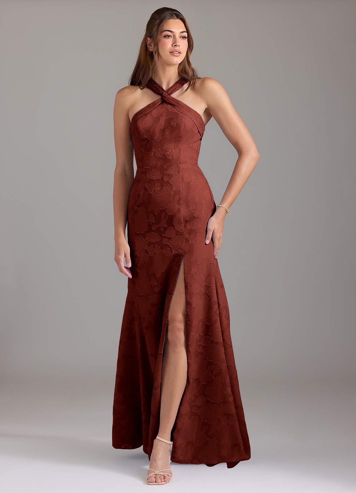 Azazie Rue Bridesmaid Dresses Terracotta A-Line Pleated Floral Burnout Dress image1