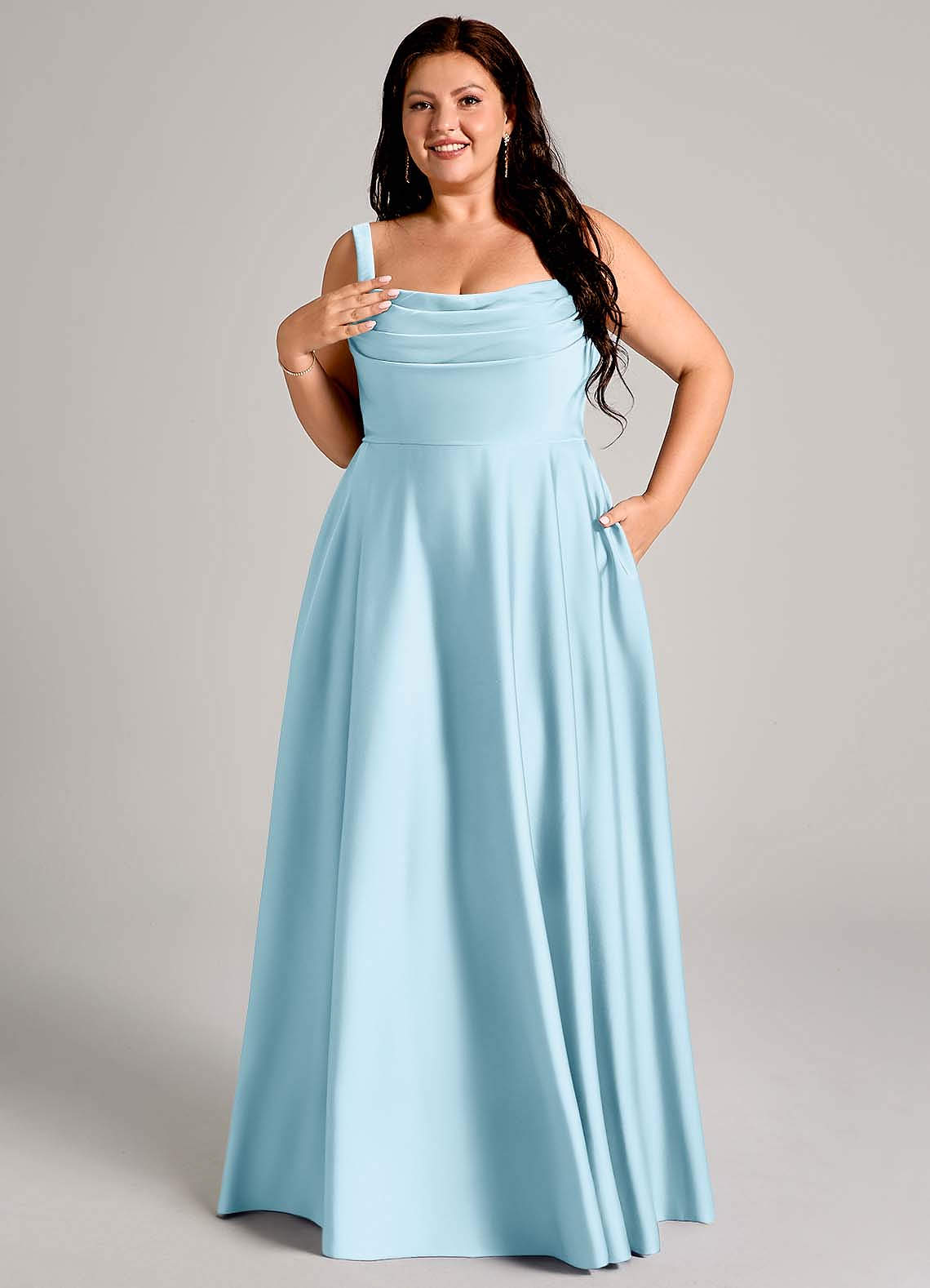 Azazie Shaude Bridesmaid Dresses Sky Blue A-Line Pleated Stretch Satin Dress image10