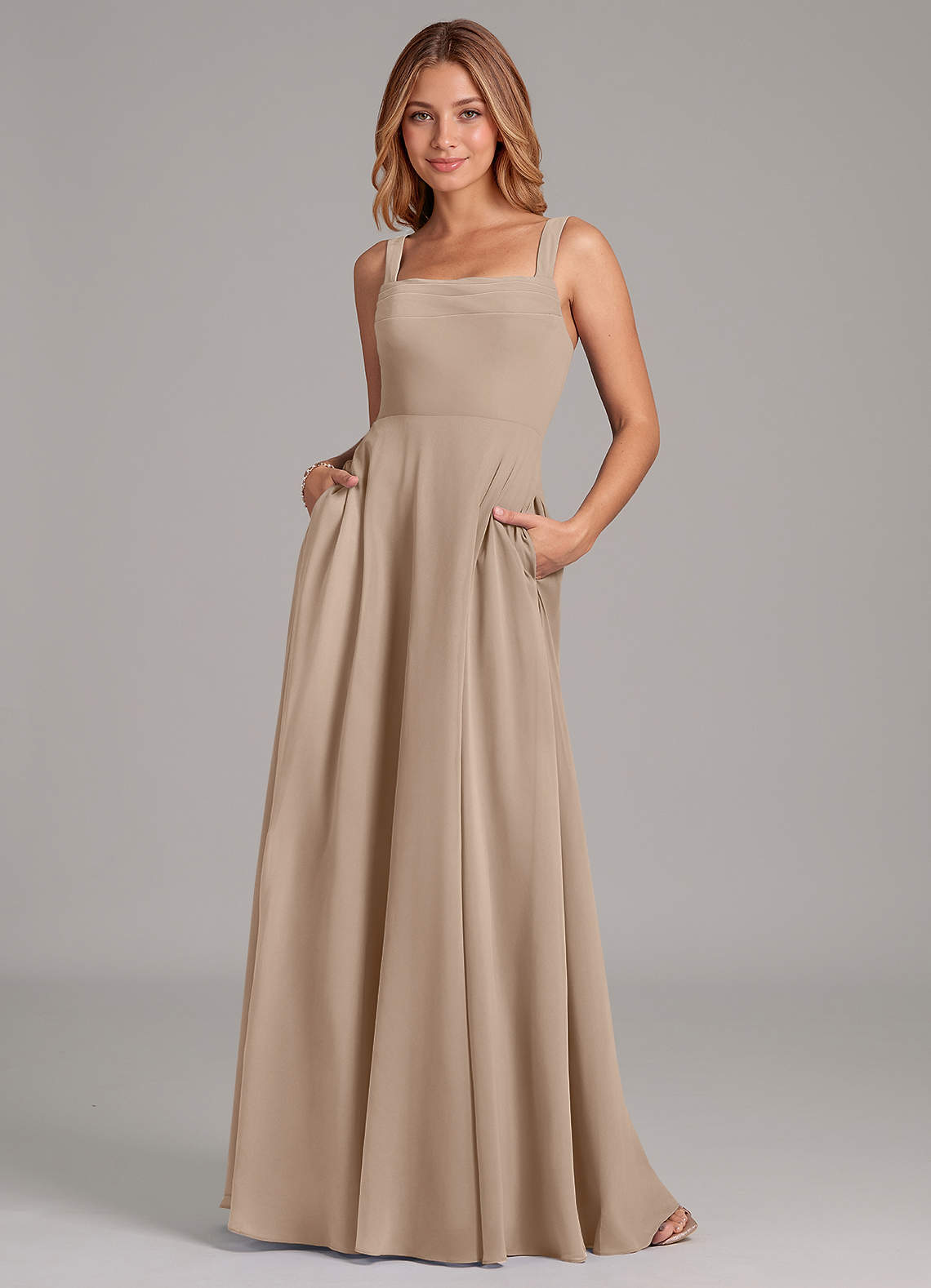 Azazie Shaude Brautjungfernkleider A-Linie Plissee Chiffon Kleid Taupe image1