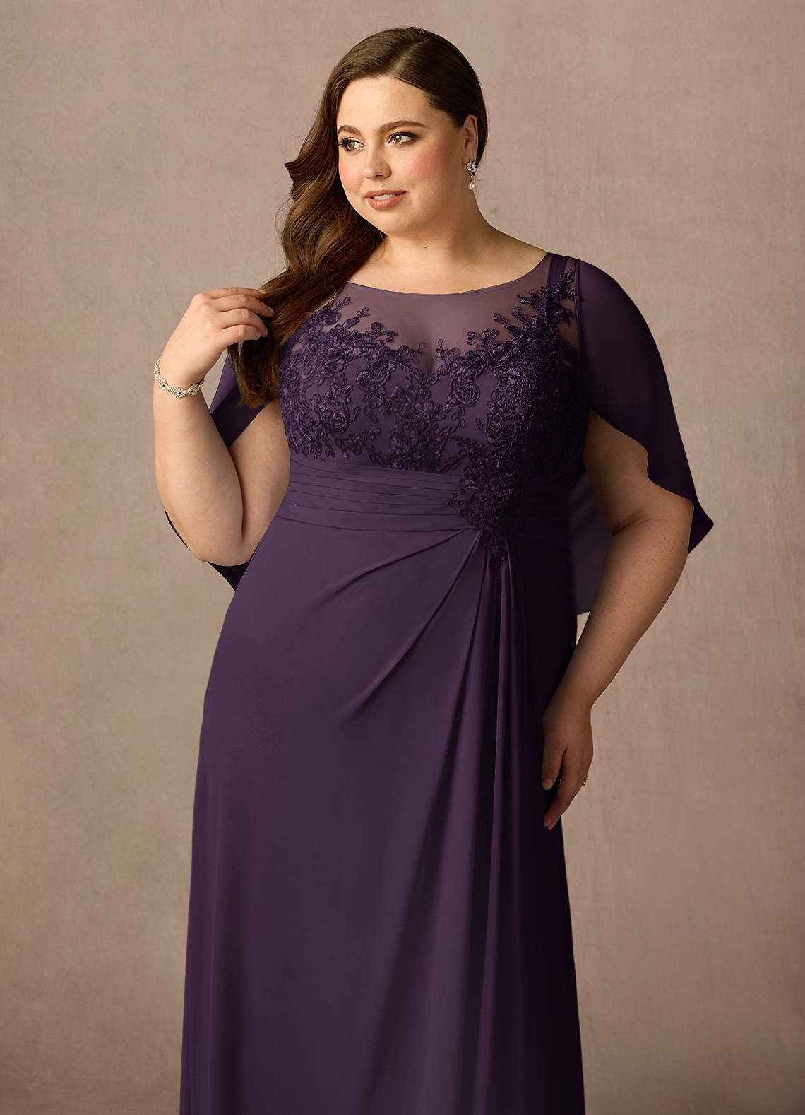 Azazie Hera Mother of the Bride Dresses Plum A-Line Lace Capelet Chiffon Dress image10