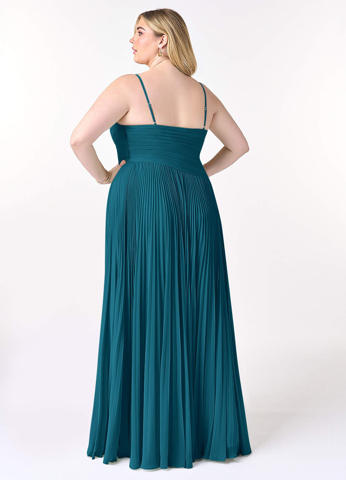 Azazie Vini Vestidos de damas de honor Vestido de Azul Tinta de Gasa de Corte en A con Cuello en V Plisado image7