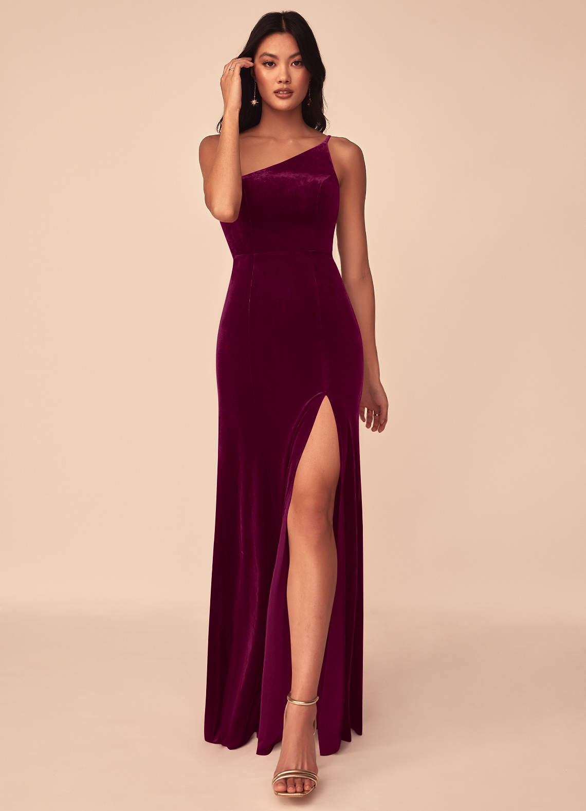 Azazie Kala Bridesmaid Dresses Cabernet A-Line One Shoulder Velvet Dress image1