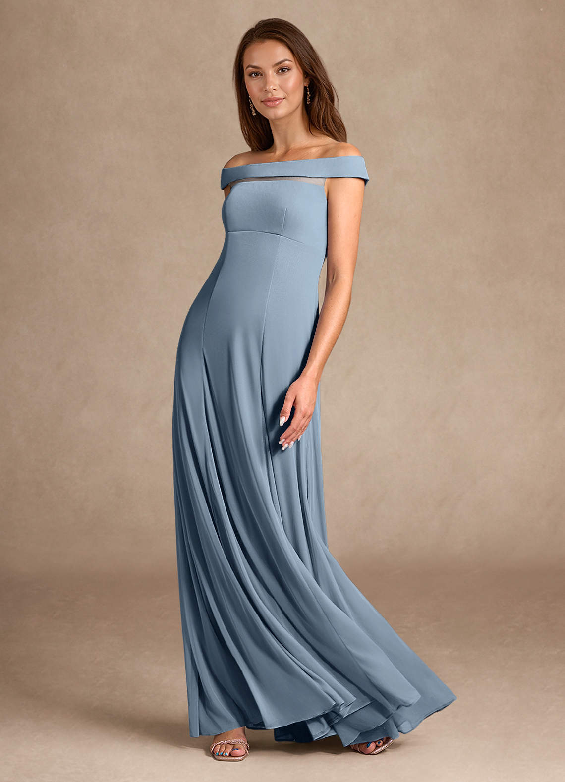 Azazie Ewa vestidos de madre de la novia Vestido de Azul Polvoriento de Malla de Corte En A con Vestidos sin tirantes image5