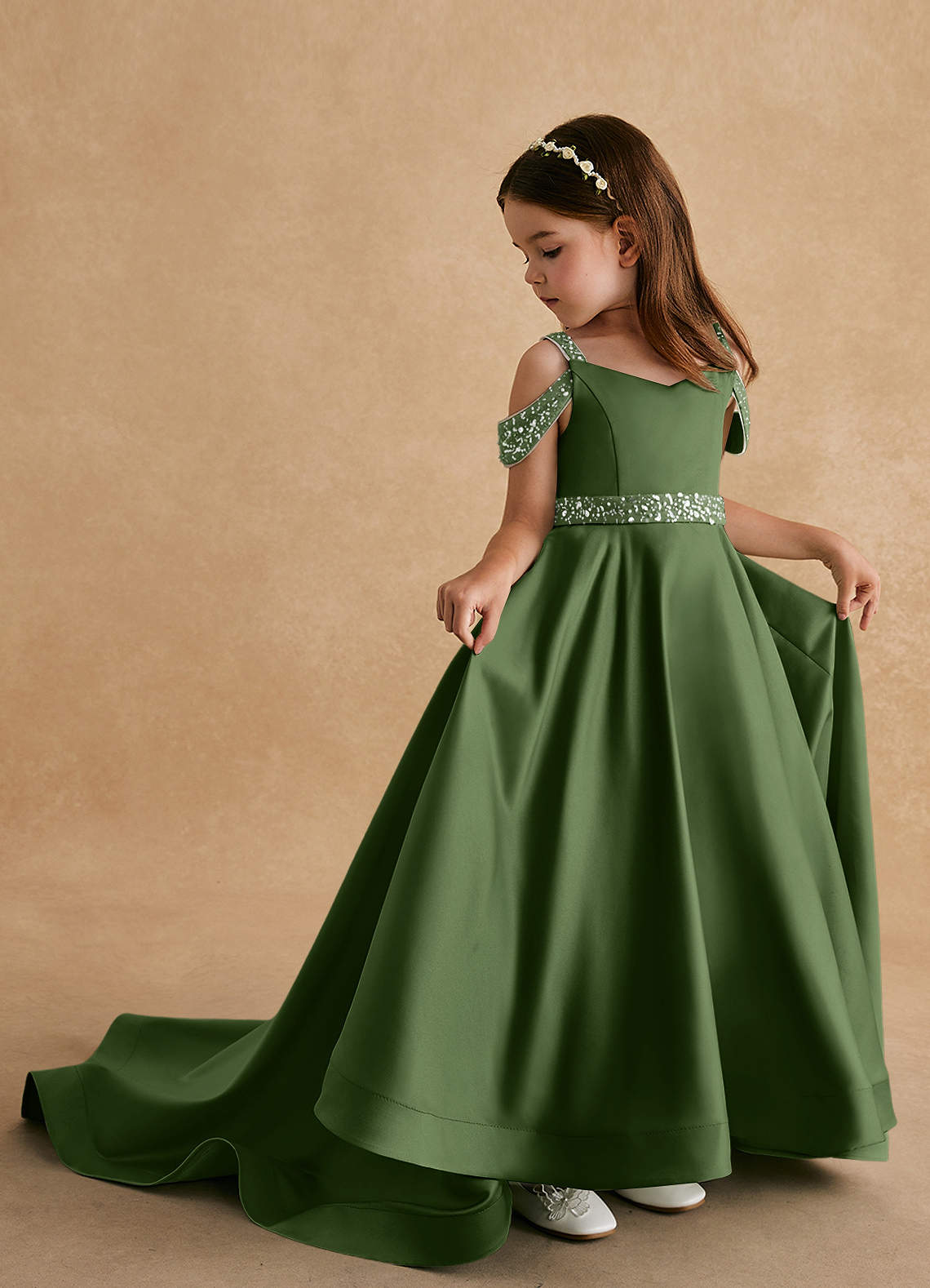 Azazie Jodi Flower Girl Dresses Olive A-Line Matte Satin Dress image1