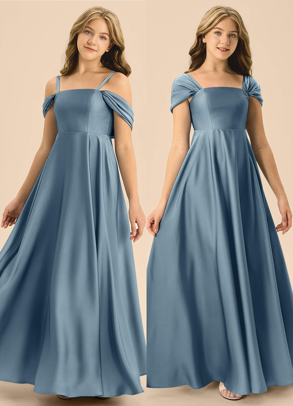 Azazie Rowena Junior Vestido de Azul Polvoriento de Satén Elástico de Corte en A con Lazo image1