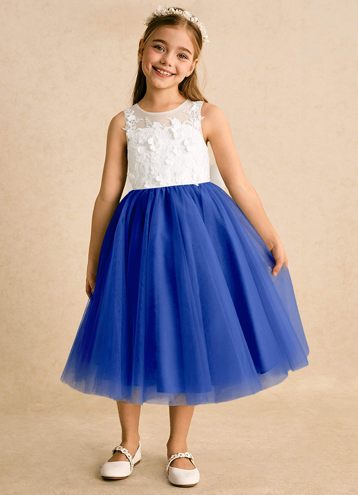 Azazie Ball-Gown Scoop Neck Tea-Length Tulle Flower Girl Dresses - Ivory/Royal Blue