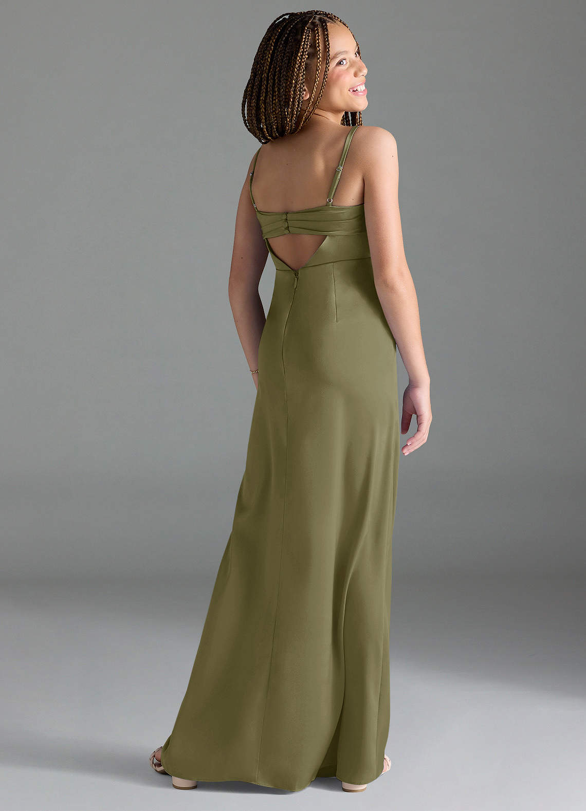 Azazie Leonis Junior Pistachio A-Line Pleated Stretch Satin Dress image4