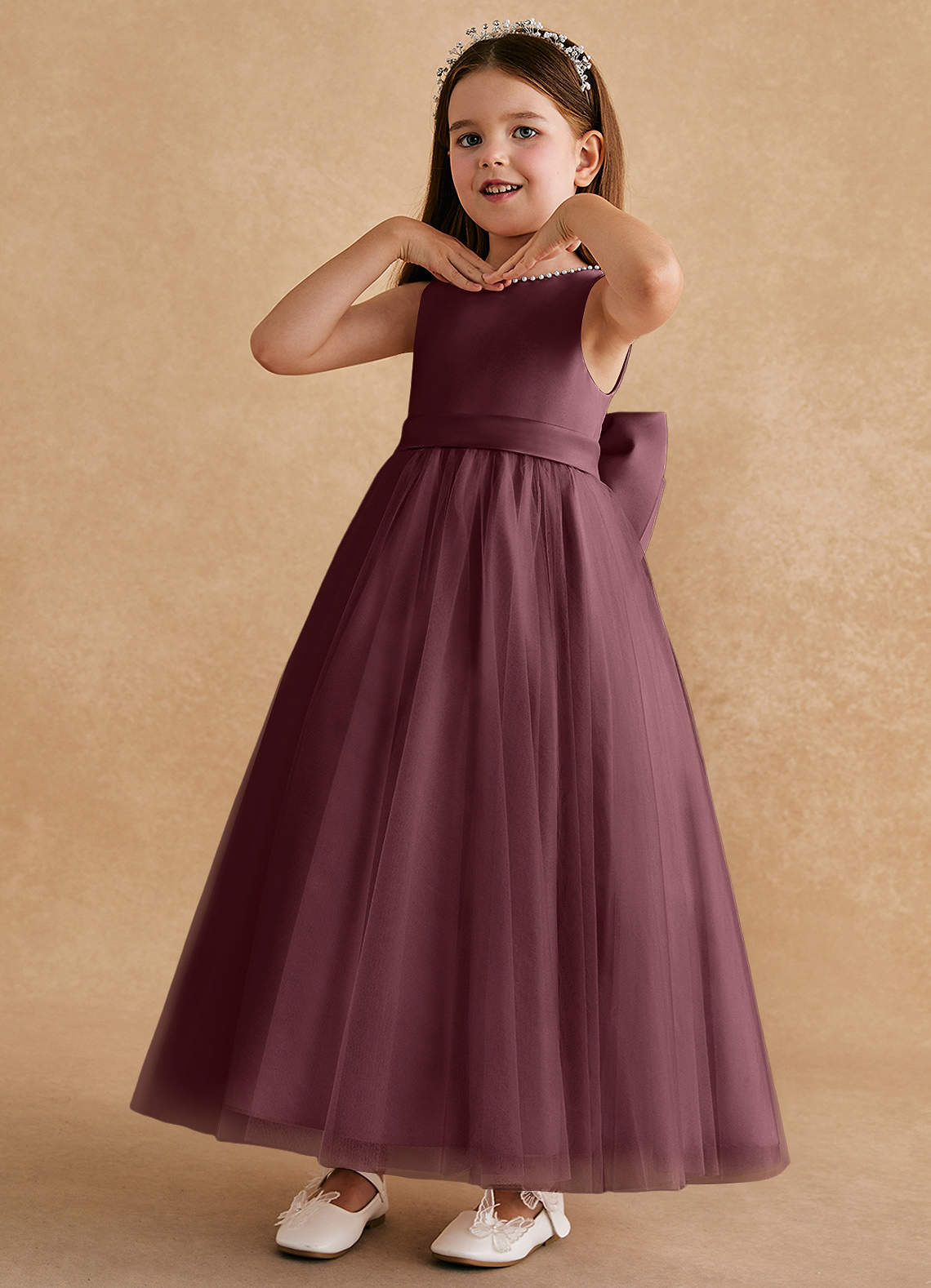 Azazie Cookie Flower Girl Dresses Sangria A-Line Bow Tulle Dress image3
