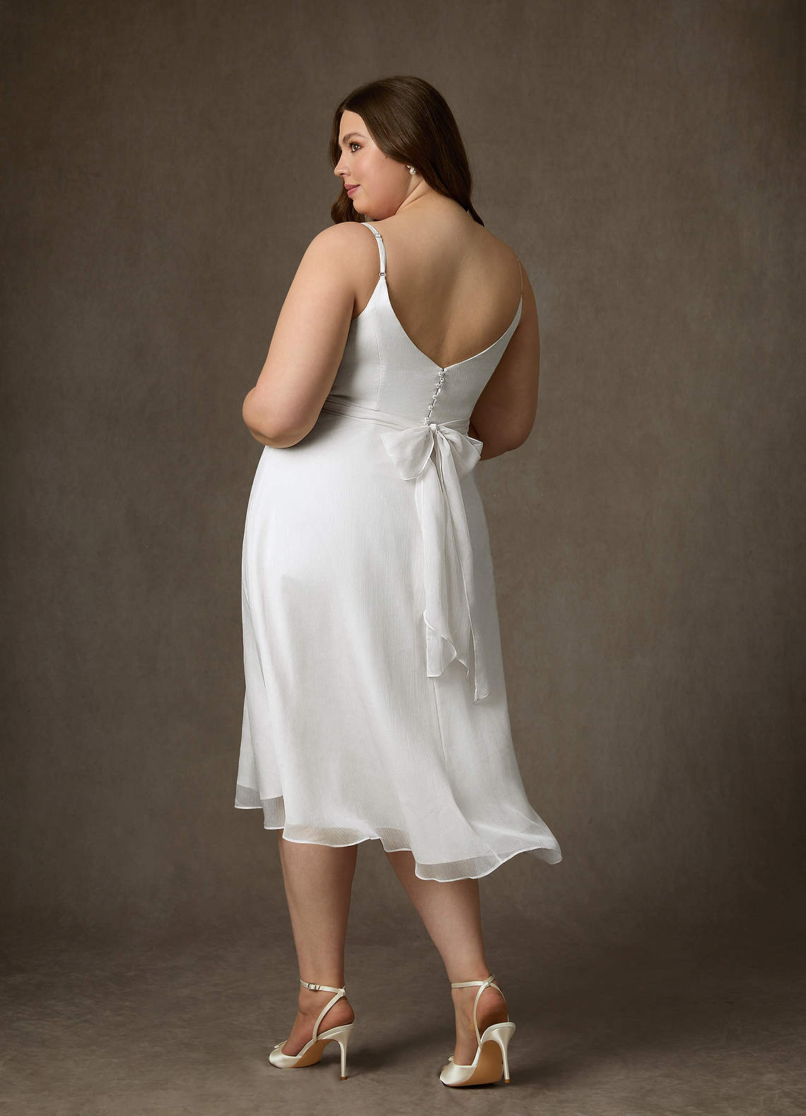 Azazie Kali At-home Try On Dresses Diamond White A-Line V-Neck Pleated Crinkle Chiffon Dress image7