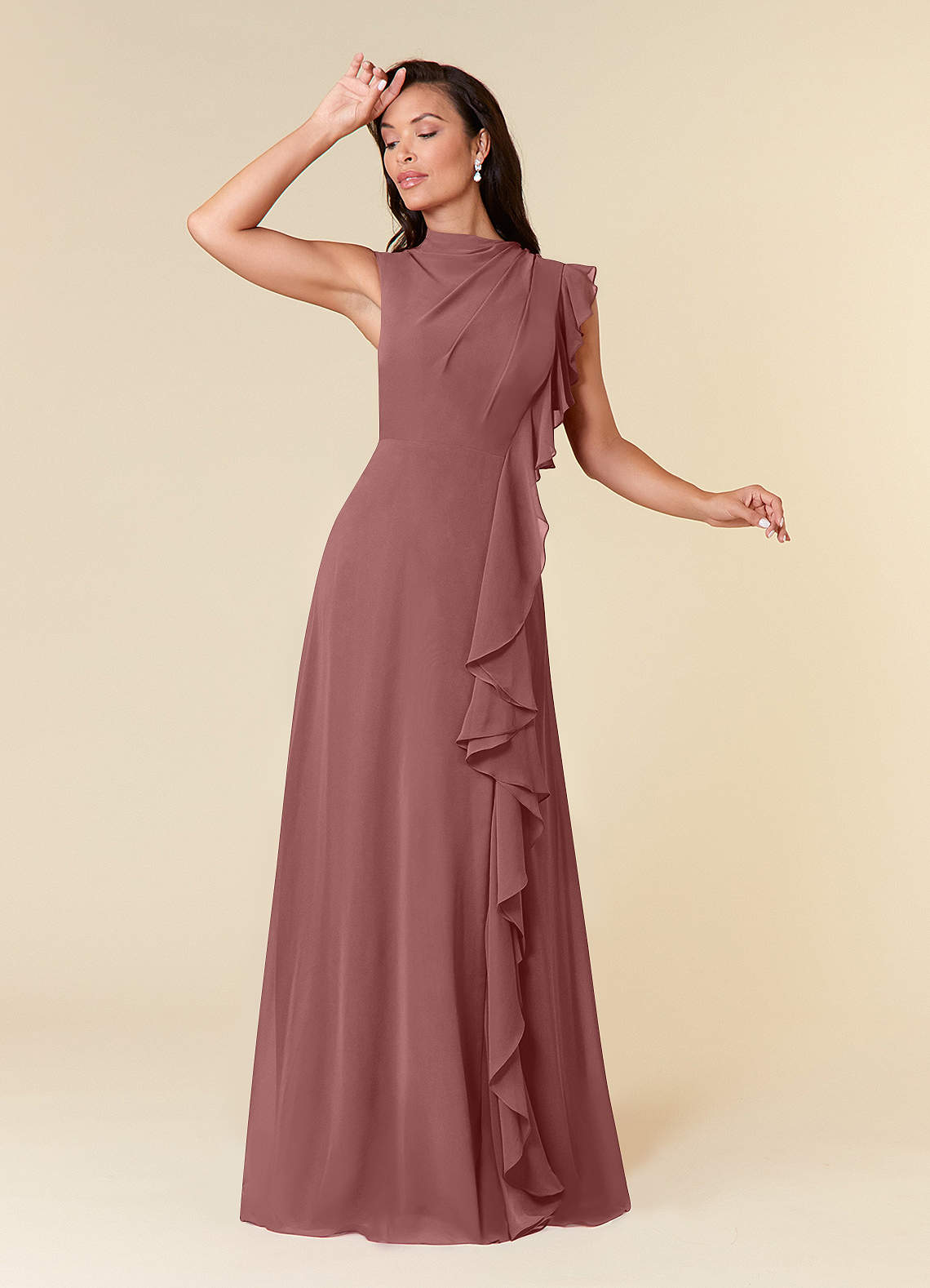 Azazie Narine Mère de la mariée Robes Robe Trapèze en Mousseline de soie Encolure haute plissée Rose Du Désert image1