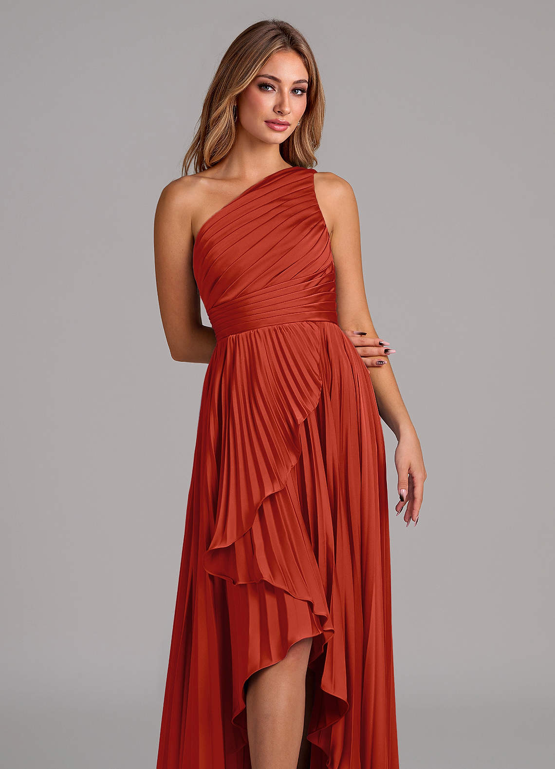 rust asymmetrical dress Ruched Asymmetric Midi Dress in Rust