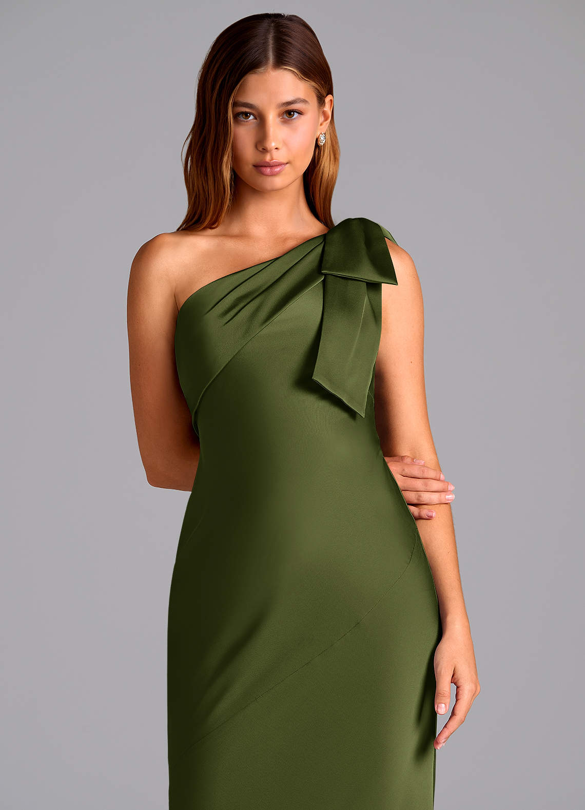 Azazie Yuanna Bridesmaid Dresses Olive Mermaid One Shoulder Stretch Satin Dress image6