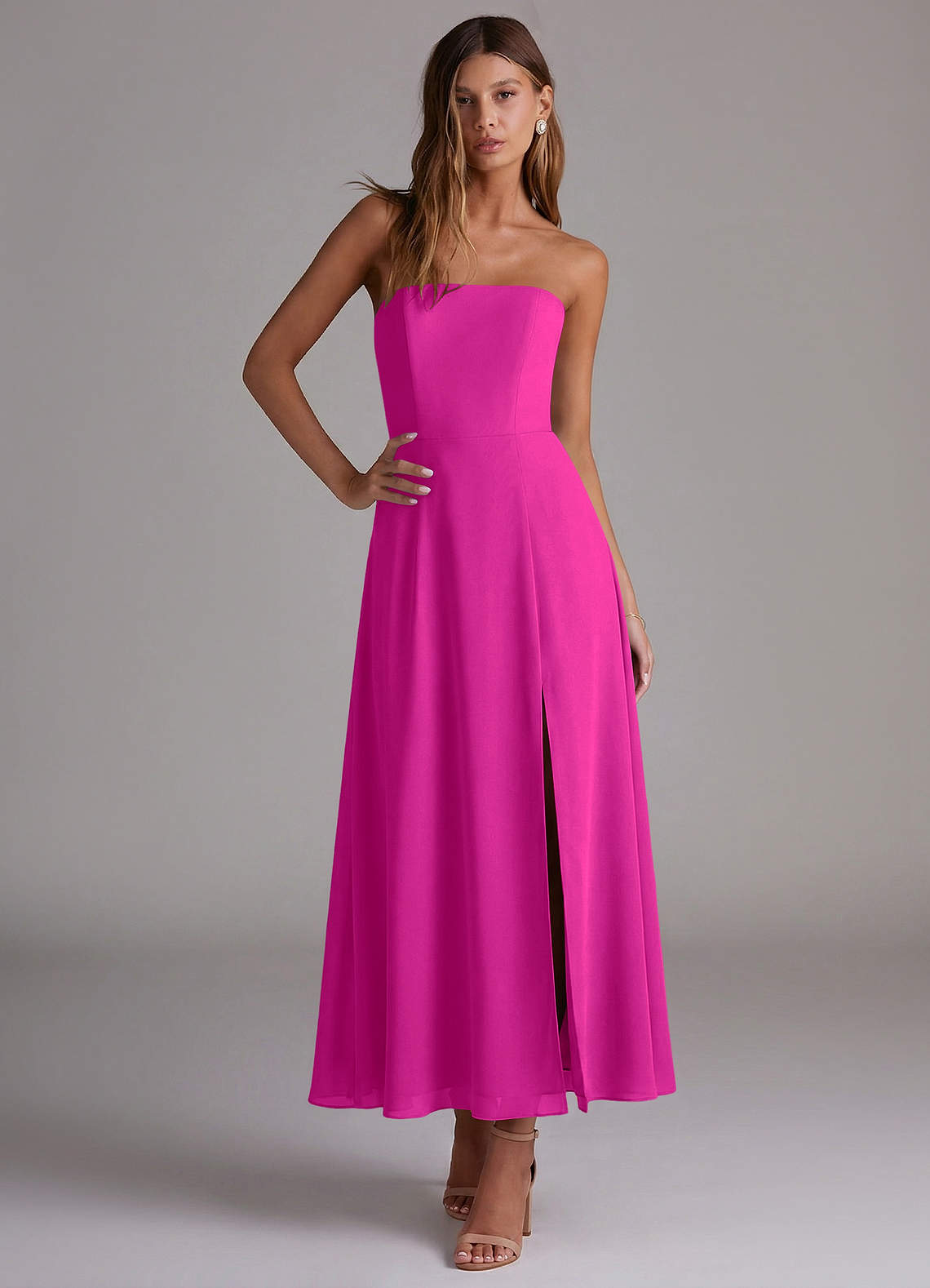 Azazie Wren Vestidos de madrinha de casamento Vestido Fúcsia de Chiffon de Linha A com Sem alças image4