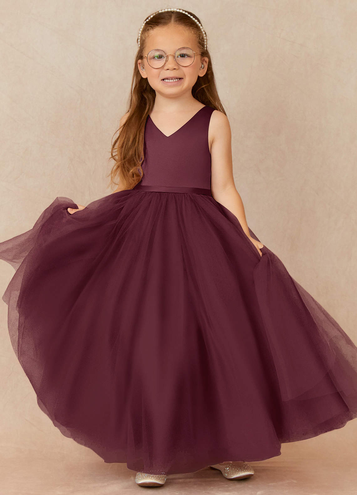 Azazie Marybell Blumenmädchenkleider A-Linie Schleifen Tüll Kleid Cabernetrot image1
