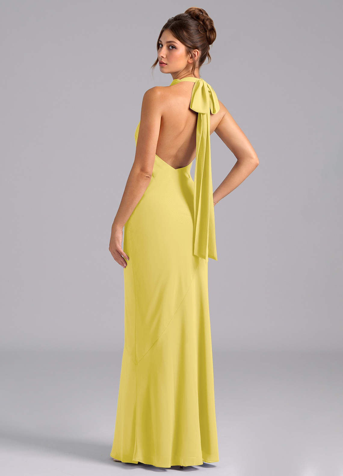 Azazie Velli Robes à essayer chez vous Robe Sirène en Mousseline de soie Col Haut Bleu Poussiéreux image6