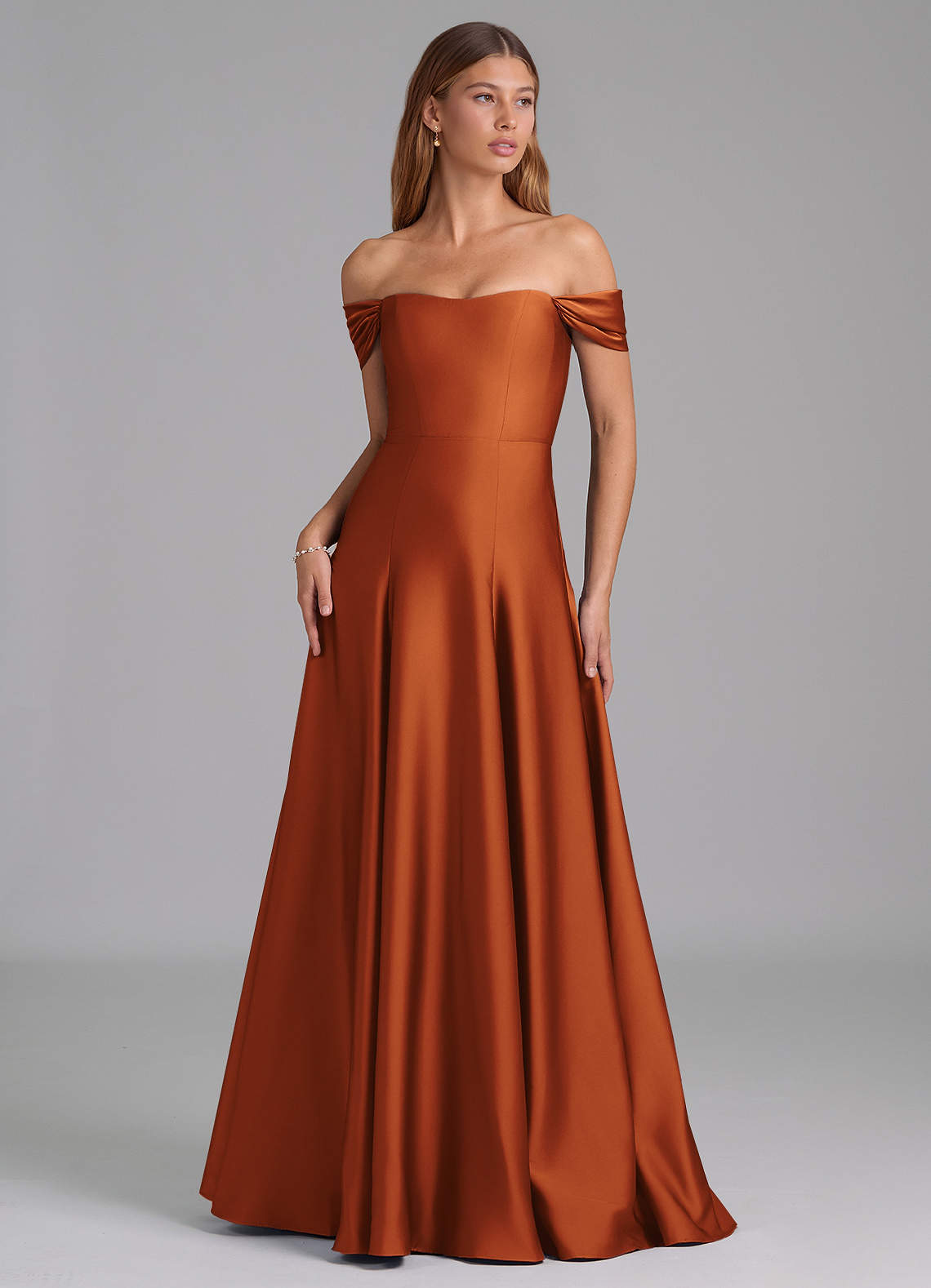 Azazie Seriana Bridesmaid Dresses Cinnamon A-Line Off the Shoulder Stretch Satin Convertible Dress image1