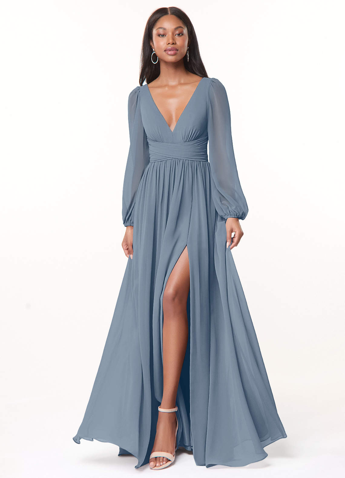 Azazie Norah Bridesmaid Dresses Twilight A-Line V-Neck Long Sleeve Chiffon Dress image1