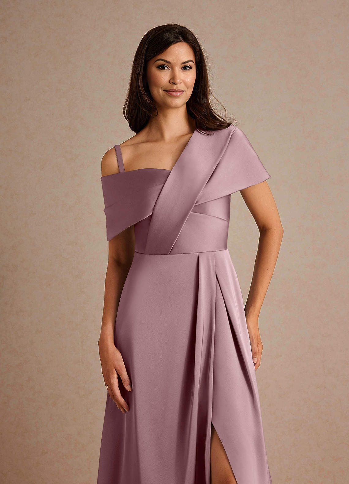 Azazie Milton Mother of the Bride Dresses Dusty Rose A-Line Pleated Stretch Satin Dress image2